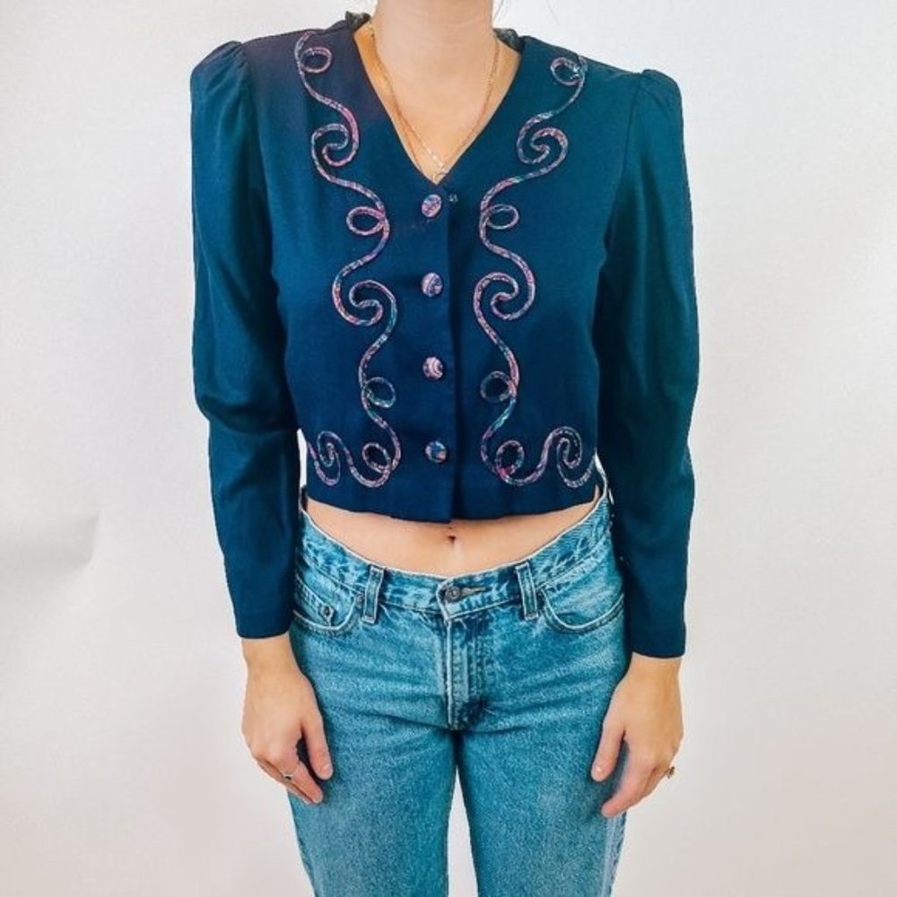 Vintage Cropped Blazer with Funky Colorful Design & Buttons - 12